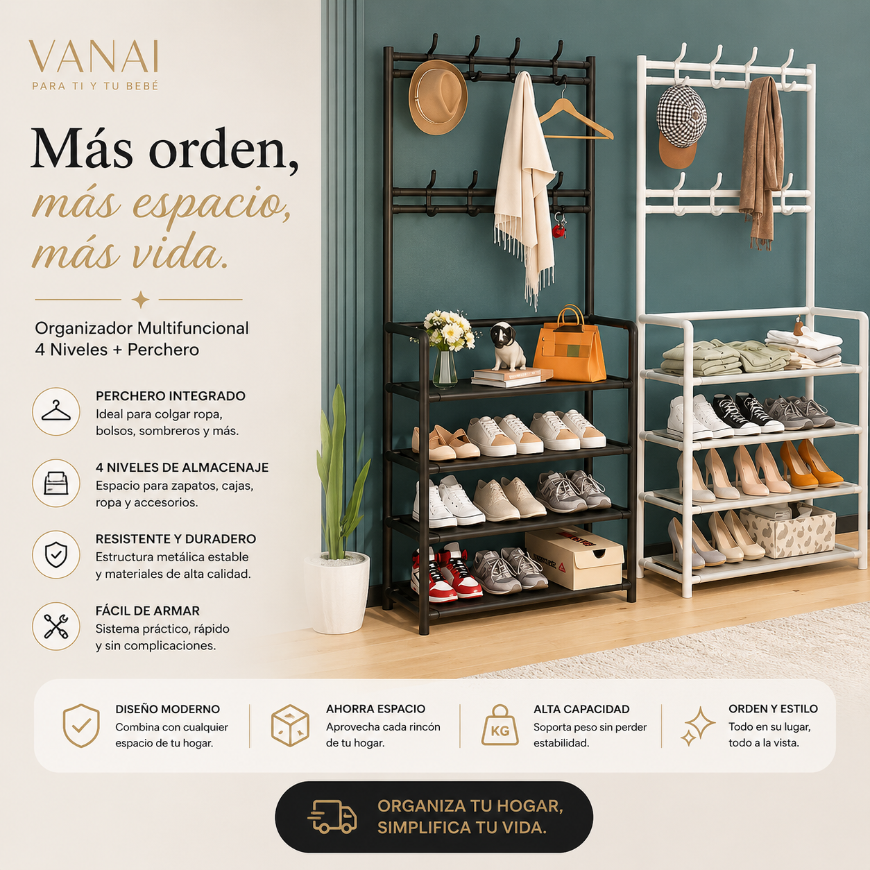 Organizador Multifuncional 4 Niveles | Zapatero y Perchero Premium